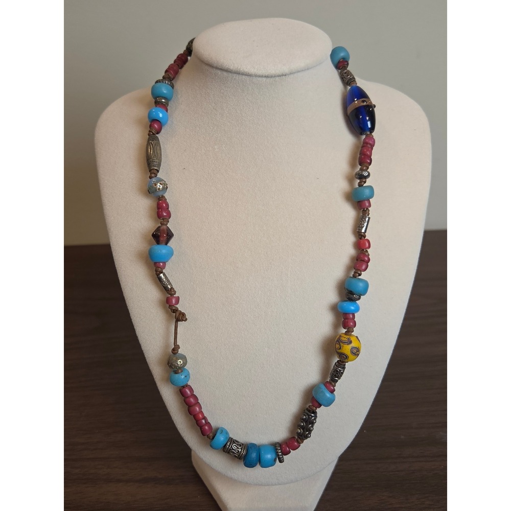 Boho Mixed Glass Ceramic Metal Beaded Cord Necklace Blue Red Yellow